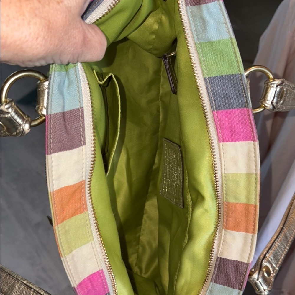 Coach 19026 poppy striped bag tote Crossbody/rhinestone chain add gold leather - Picture 3 of 17